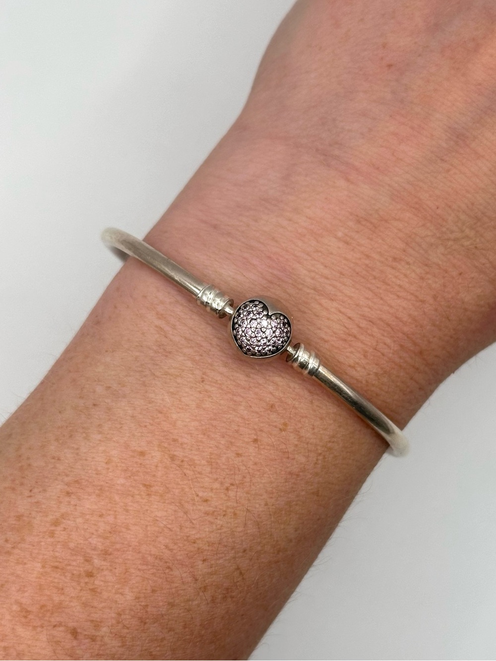 Pandora Sterling Silver Bracelet with Pink Pave Crystals Heart, 7 Inch Wrist